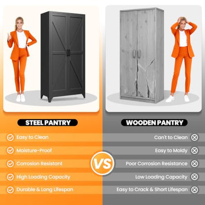 75" Tall Metal Storage Pantry Cabinet with 4 Adjustable Shelves - color: Black, size: 75"H x 36"W x 18"D