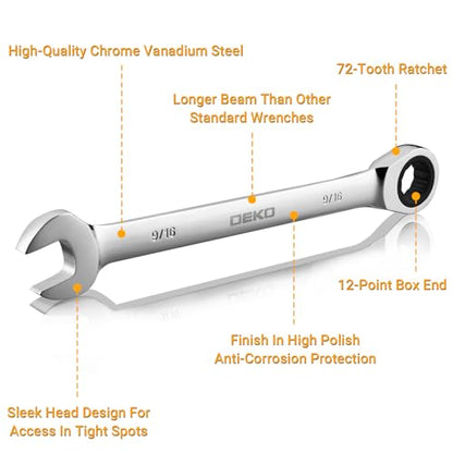 DEKOPRO 12-Piece Ratcheting Wrench Set SAE 1/4'' to 7/8'', Fixed Head Combination Wrenches Set with Rack Organizer, Cr-V Steel, 12 Point 72 Teeth - size: SAE-12 pcs