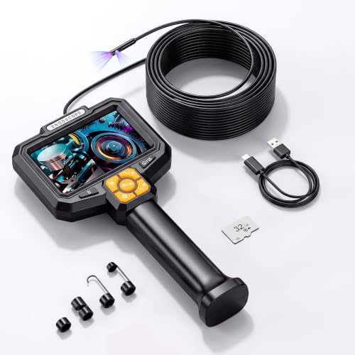 5" Dual-View Handle Endoscope Camera,2MP Front&Side Lens,IP67 Waterproof 5M Semi-Rigid Cable,360° Probe Control,4-Level LED,3X Zoom,Video&Photo Recording,Inspection Camera for Industrial Use,32GB Card