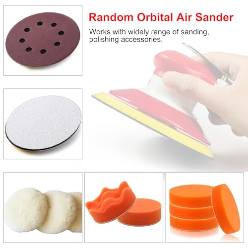 Professional Random Orbital Air Sander 5" Pneumatic Palm Sander DA Sander, Low Noise Reduction, 12000 RPM, Hook & Loop, for Auto Body, Car Detailing, Wood, Metal Polishing & Buffing - size: 5 inch