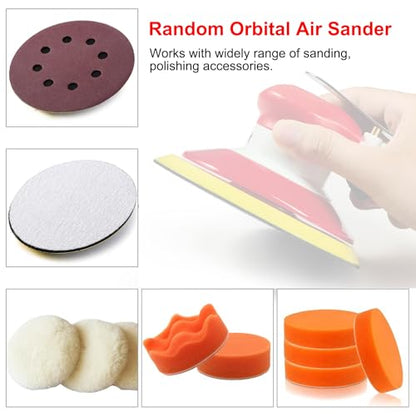 Professional Random Orbital Air Sander 5" Pneumatic Palm Sander DA Sander, Low Noise Reduction, 12000 RPM, Hook & Loop, for Auto Body, Car Detailing, Wood, Metal Polishing & Buffing - size: 5 inch