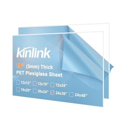 KINLINK 24x36 Plexiglass Sheets 1/8 inch Thick, 3mm Clear PET Plastic Sheet for DIY Project, Craft, Table top, Picture Frame, Acrylic Sign and Wedding Invitation 2 Pack - size: 24 x 36, 3mm