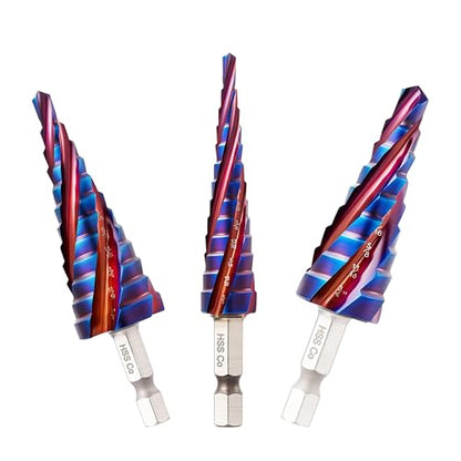 Four Spiral Flute Cobalt Step Drill Bit(Pro),M35 High Speed Steel,1/4" Hex Shank Step Bits for Metal, Stainless Steel, Aluminum, Plastic,1/8" - 7/8" (3pcs Set) - size: 1/8" - 7/8" (3pcs Set)