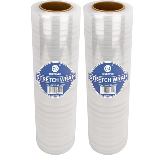 NEXCOVER 18 Inch Stretch Wrap - 1200 Feet | 60 Gauge, 2 Roll Clear Plastic Self-adhering Stretch Wrap Film for Pallet Wrap, Thick and Durable Packing Moving Supplies Heavy Duty Shrink Film. - size: 18'' x 1200'