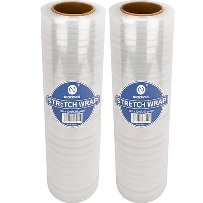 NEXCOVER 18 Inch Stretch Wrap - 1200 Feet | 60 Gauge, 2 Roll Clear Plastic Self-adhering Stretch Wrap Film for Pallet Wrap, Thick and Durable Packing Moving Supplies Heavy Duty Shrink Film. - size: 18'' x 1200'
