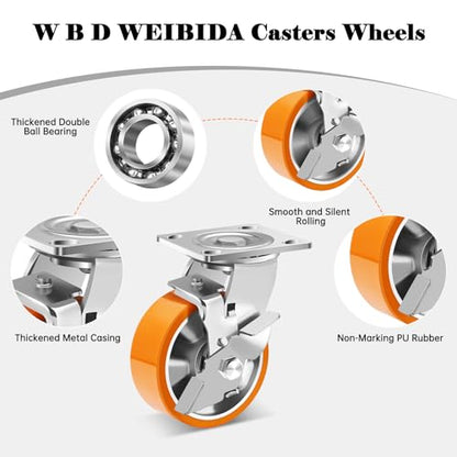 W B D WEIBIDA 5 Inch Heavy Duty Casters Set of 4, Industrial Grade Casters Wheels with Brake 4000 LBS, Maintenance-Free Polyurethane on Aluminum Wheels, Plate Swivel Casters Wheels for Cart, Machine - size: 5 IN