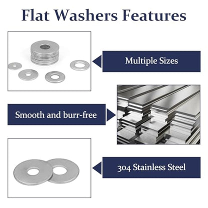 ZQZ 290Pcs Stainless Steel Flat Washers Assortment Kit;Fender Washer M3-M12 - size: 15 Sizes 290 Pieces