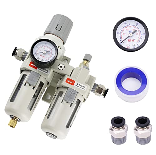 RIH Pneumatics 3/8" NPT Compressed Air Filter Regulator Lubricator Combo Water/Oil Trap Separator - Gauge(0-150 psi), Semi-Auto Drain, Poly Bowl,Bracket - 3 in 1 Two Unit (3/8" NPT) - size: 3/8" NPT