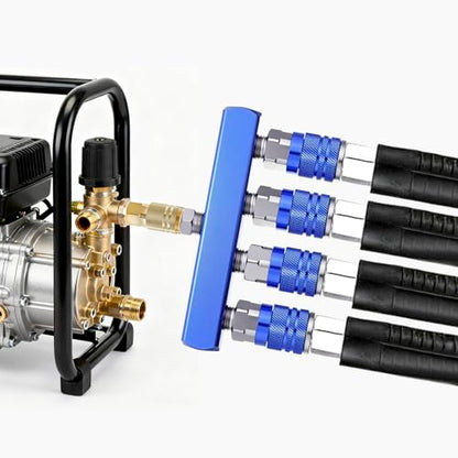 4-Way Air Manifold 1/4 Inch Air Hose Splitter Industrial Connect Fitting 4 Couplers Plug Blue - color: Blue