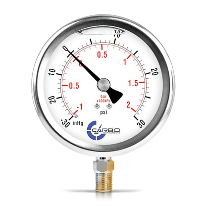 Carbo Liquid Filled Compound Pressure Gauge -30 inHg to 30 PSI with NIST Traceable Certificate, Calibrated in USA Lab, 4" Dial, 1/4 NPT Lower Mount, ASME Grade A, 304 SS Case, Brass Parts, inHg/Bar - size: -30inHg / 0 / +30Psi, style: NIST TRACEABLE