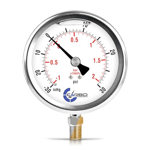 Compound Pressure Gauge -30 inHg to 30 PSI, Liquid Filled, 4" Dial, 1/4 NPT Lower Mount, 304 Stainless Steel Case, Brass Wetted Parts, PSI/inHg - ASME B40.1 Grade A - size: -30inHg / 0 / +30Psi, style: STANDARD