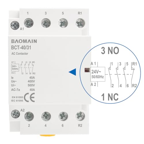 BAOMAIN 24V AC 4-Pole 40A Modular Contactor, 3NO1NC, DIN Rail Mount