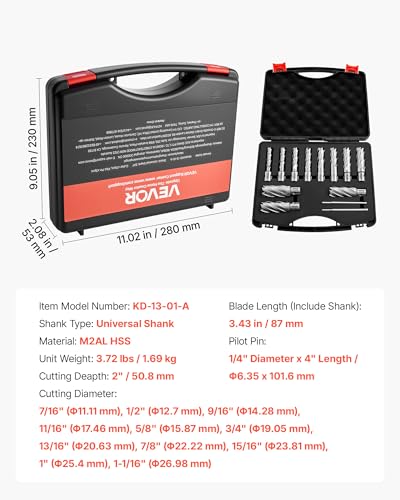 VEVOR Annular Cutter Set, 13 pcs Universal Shank Mag Drill Bits Kit, 2" Cutting Depth, 7/16" to 1-1/16" Cutting Diameter, HSS, 11 Drill Bits with 2 Pilot Pins, Plastic Case, for Magnetic Drills, Steel - size: 7/16" - 1-1/16" * 2"(Universal)