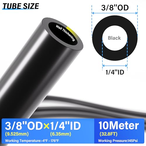 TAILONZ PNEUMATIC Black 3/8 Inch OD 10 Meter 32.8ft PU Polyurethane Air Tubing Kit Pipe Hose Air Line Tubing Air Hose Fittings Push to Connect Fittings(27PCS) - color: Black, size: 3/8" OD - 32.8 FT