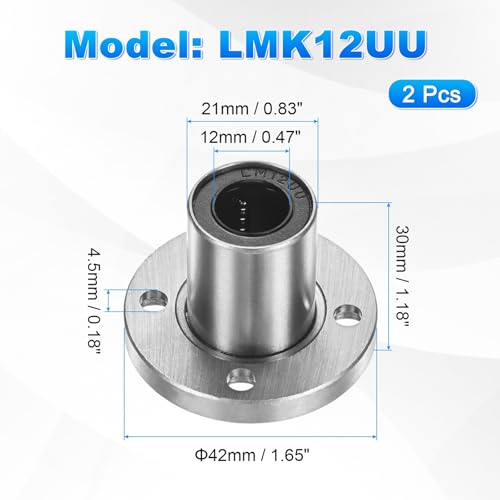 PATIKIL LMK12UU Linear Ball Bearings 12mm Bore Dia 21mm OD 30mm Long 4.5mm Hole, 2Pcs Round Flange Linear Motion Bushing Double Side Rubber Sealed Rod Liner Shaft for Machine 3D Printer - size: 12mm