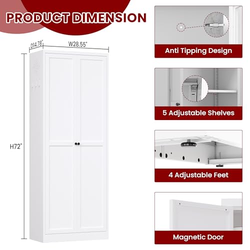 AQY Metal Pantry Cabinet, 72" White Kitchen Storage Cabinet with Doors - color: White, style: H72" - 2 Doors Hooks & Vents
