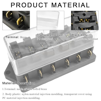Yourkar 6 Way Blade Fuse Block Box Holder, 6 Circuit Fuse Box with Blade Fuses Screws Fuse Extractor Label, 10-32V DC Waterproof Marine Power Distribution Panel for Car Truck SUV - color: 6 Way