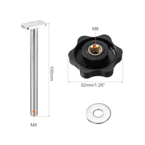 HARFINGTON 5Set T Track Bolts Knob Kit M8 x 100mm Threaded Bolts M8 x 32mm Hex Hand Nut Clamping Knob with Washer for Woodworking Jigs and Fixtures, Black Silver - color: Black, size: M8x100mm/M8x32mm