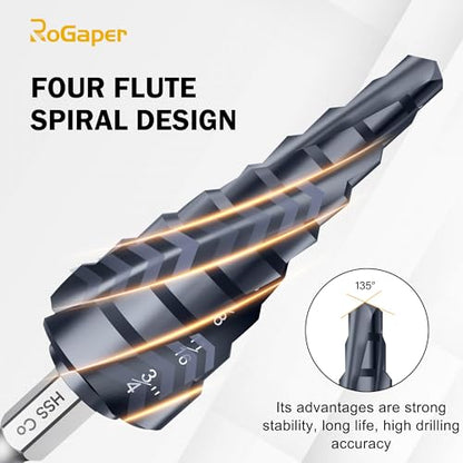 M35 Four Spiral Flute Cobalt Step Drill Bit, 1/4"-3/4" Wear-Resistant TiAlN Coated Four-Flute Step Bit, 1/4" Hex Shank Unibit Step Bit for Metal, Stainless Steel, Aluminum, Wood, Plastic - style: Four Flute-1/4-3/4
