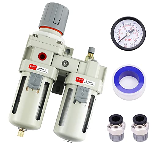 RIH Pneumatics 1/2" NPT Compressed Air Filter Regulator Lubricator Combo Water/Oil Trap Separator - Gauge(0-150 psi), Semi-Auto Drain, Poly Bowl,Bracket - 3 in 1 Two Unit (1/2" NPT) - size: 1/2" NPT