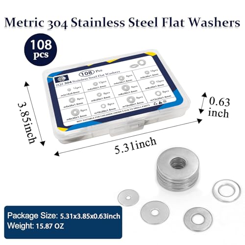 ZQZ 108Pcs Stainless Steel Flat Washers Assortment Kit;Fender Washer M3-M12 - size: 12 Sizes 108 Pieces