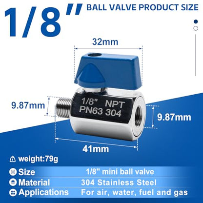 2 Pack 1/8" Mini Ball Valve, 304 Stainless Steel Valve NPT Female x Male Thread Shut-Off Valves for Small Compact Space (2, 1/8 Inch) - size: 1/8 Inch