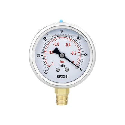30 inHg Vacuum Silicone Oil Liquid Filled Low Pressure Gauge, 2.5" Dial Size, 1/4" NPT Lower Mount, 304 Stainless Steel Case, for Water Pipe, HVAC, Water Oil Air Pressure Test - size: -14.7-0 psi, style: Lower Mount