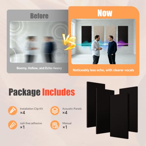 Soundbox 4 Pack Fiberglass Acoustic Wall Panels, 23.6 x 11.8 in, Black - color: Black