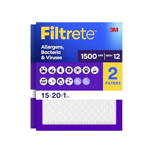 Filtrete 15x20x1 Air Filter, MERV 12, MPR 1500, 2 HVAC Filters - size: 15" x 20" x 19.7"