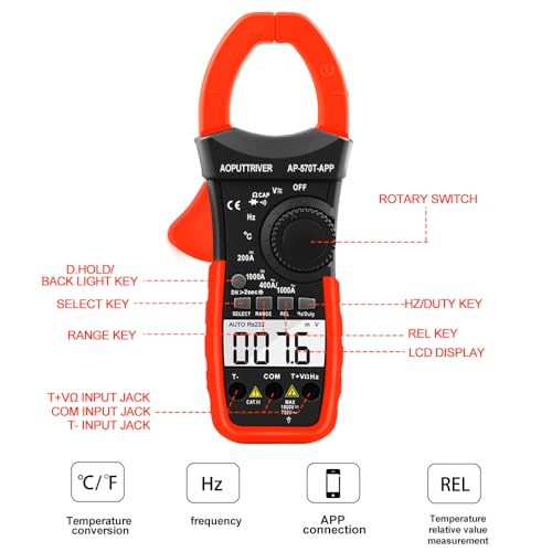 Clamp Meter with Bluetooth, 4000 Counts TRMS Multimeter, CAT II 1000V AC/DC Voltage Tester, Amp Ohm Temp Capacitance, Smart APP Data Logging for HVAC Electricians