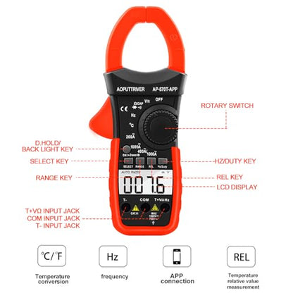 Clamp Meter with Bluetooth, 4000 Counts TRMS Multimeter, CAT II 1000V AC/DC Voltage Tester, Amp Ohm Temp Capacitance, Smart APP Data Logging for HVAC Electricians