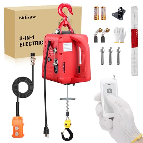 Nilight 3-in-1 Electric Hoist Winch, 660LBS 1500W Portable Power Winch Crane with Manual Wired Wireless Remote Control, 110V Electric Winch 33FT/Min Speed 39FT Height for Garage Warehouse Factory, Red - size: 660LBS Red