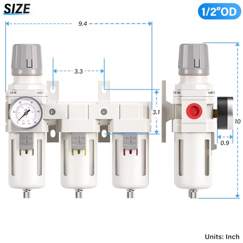 TAILONZ PNEUMATIC 0-150PSI 1/2 Inch NPT Grade 3 Stage Air Drying System, Particulate Filter, Air Filter Pressure Regulator Combo Piggyback, Air Tool Compressor Filter with Gauge (Semi-Auto Drainage） - size: 1/2 Inch NPT