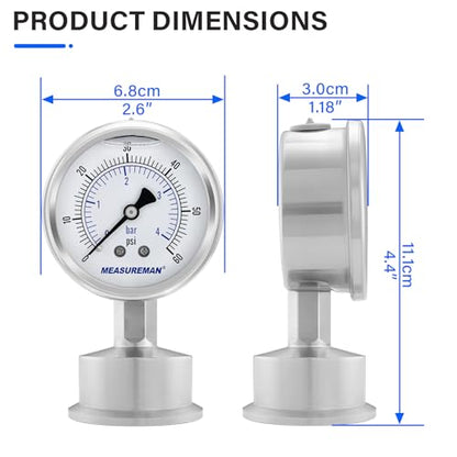 MEASUREMAN Stainless Steel Sanitary Pressure Gauge, 2.5” Dial, 0-60 PSI, Glycerin-Filled for Accuracy, 1.5” Tri Clamp Bottom Mount for Food, Dairy, and Pharmaceutical Applications - size: 2.5",0-60 psi/bar, style: Lower Mount