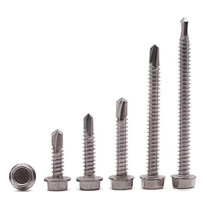 #14 x 1 (50 Pack) Hex Washer Head Self Drilling Screws (3/4" to 7" Available), 410 Stainless Steel Self Tapping Sheet Metal Screws, No Pre-drilled Needs - size: #14 x 1"
