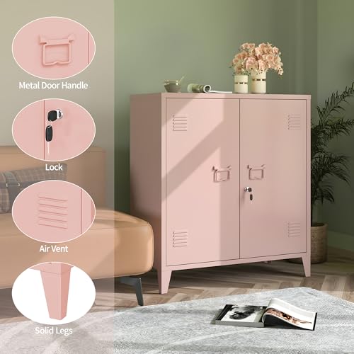 MIOCASA Metal Storage Cabinet with Locking Double Doors, Lockable Steel Cabinet with Adjustable Shelves for Home Office, Garage, Coffee Bar, Entryway - color: Pink