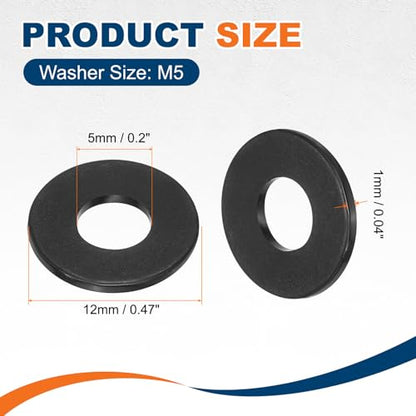 PATIKIL 125 Pcs Nylon Flat Washer M5 5mm ID 12mm OD 1mm THK Black - color: Black, size: 5mm x 12mm x 1mm