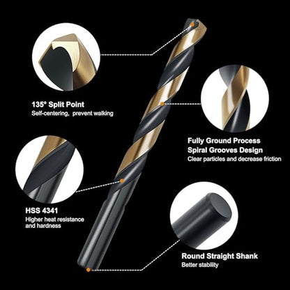 29Pcs Cobalt Drill Bit Set, 135 Degree Tip High Speed Steel with Black and Gold Finish, Stainless Steel, Plastic and Wood with Metal Indexed Storage Case 1/16"-1/2" - style: 4341-29pcs