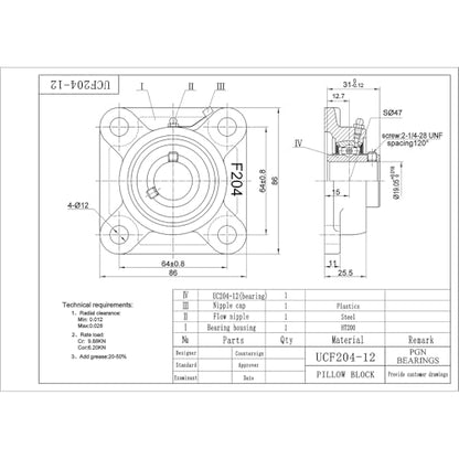 PGN UCF204-12 (2 Pack) Square Flange Bearing 3/4" Bore - size: 2, style: UCF204-12