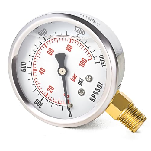 0-1500 Psi Glycerin Liquid Filled Hydraulic Pressure Gauge, 2.5" Dial Size, 1/4" NPT Lower Mount, 304 Stainless Steel Case, for Water Oil Air Gas Pressure Test - size: 0-1500 psi, style: Lower Mount
