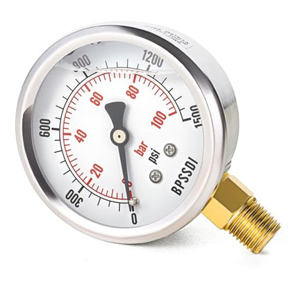 0-1500 Psi Glycerin Liquid Filled Hydraulic Pressure Gauge, 2.5" Dial Size, 1/4" NPT Lower Mount, 304 Stainless Steel Case, for Water Oil Air Gas Pressure Test - size: 0-1500 psi, style: Lower Mount