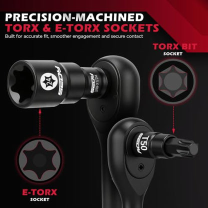 54-Piece Master Torx Bit Socket Set, T8-T70 Star Bits and E4-E24 E-Torx Sockets, Ratchet Wrench, 1/4" Bit Holder, S2 Steel Bits, CR-V Sockets, Extension Bars and Adapters for Auto Repair - style: 54-Piece Master Torx Socket Set（New Version）