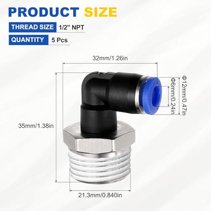5Pcs Male Elbow Push to Connect Fitting Fit 6mm OD Tube 1/2" NPT - color: Blue, size: 6mm OD x 1/2" NPT