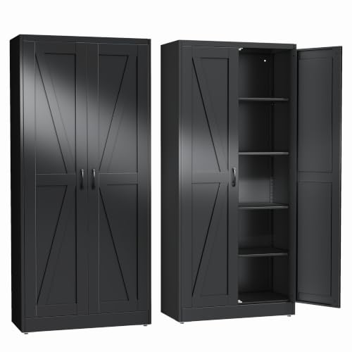 erosoei 71" H Metal Garage Storage Cabinet, Black Metal Pantry Cabinet with 2 Doors, Locker Steel Cabinet with 4 Adjustable Shelves, Freestanding Cupboard for Garage,Office,Home,Gym,School. - color: Black, size: 71" NCasNLck-M