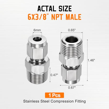 6mm OD Compression x 3/8" NPT Male Union Coupling Connector - size: 1/4"OD x 3/8" NPT Male