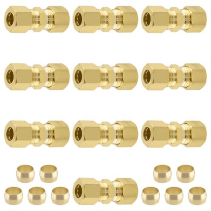 5/16" OD x 5/16" OD Brass Compression Union Fitting, 10 Pack Straight Tube Coupling Adapter with 10 Compression Ferrules for Ice Maker Water Plumbing - size: 10Pcs-5/16" Union