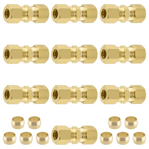 5/16" OD x 5/16" OD Brass Compression Union Fitting, 10 Pack Straight Tube Coupling Adapter with 10 Compression Ferrules for Ice Maker Water Plumbing - size: 10Pcs-5/16" Union