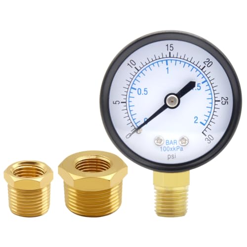 Uenede 0-30PSI Pressure Gauge 1/4" NPT Brass Bottom Mount with Bushing - size: 30PSI(1/4"NPT)
