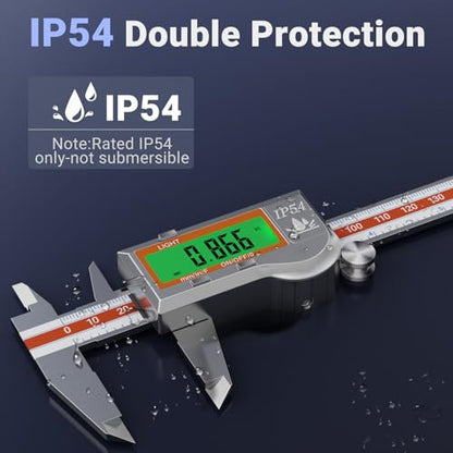 Preciva Digital Caliper Measuring Tool, Stainless Steel Digital Micrometer Vernier Caliper, with Backlight LCD, Auto-Off Feature, IP54 Splash Proof Protection and Inch Metric Conversion 6 Inch/150 mm