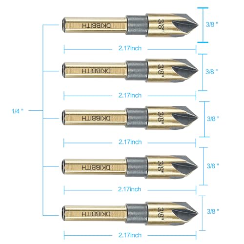 Countersink Drill Bit Set, 5 Pieces High Speed Steel 82 Degree 5 Flute 6mm Shank Mill Cutter Bit Countersink in Sizes 3/8" Set with Carrying Case. - size: 3/8''